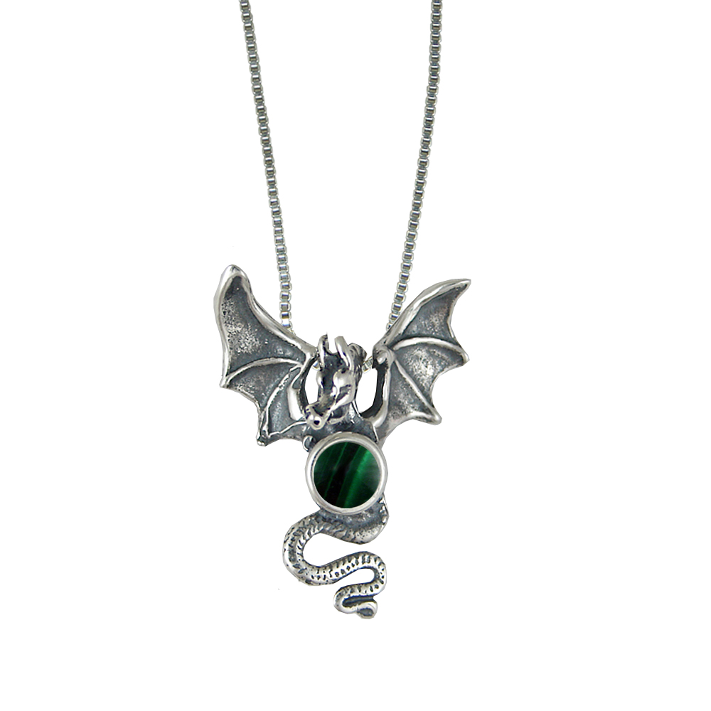 Sterling Silver Dragon of Protection Pendant With Malachite